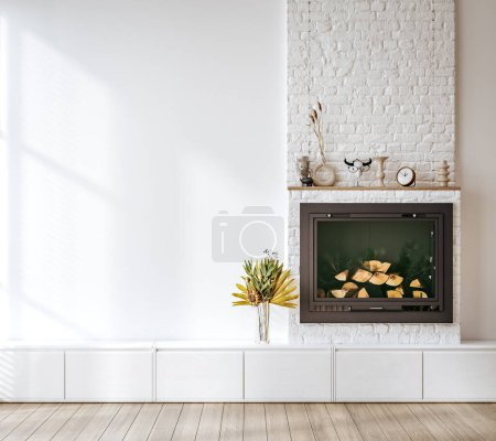 Foto de Interior de la casa moderna con chimenea, estilo escandinavo, 3d render - Imagen libre de derechos