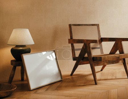 Téléchargez les photos : Modèle de cadre dans un intérieur confortable beige Japandi chambre à coucher, rendu 3d - en image libre de droit