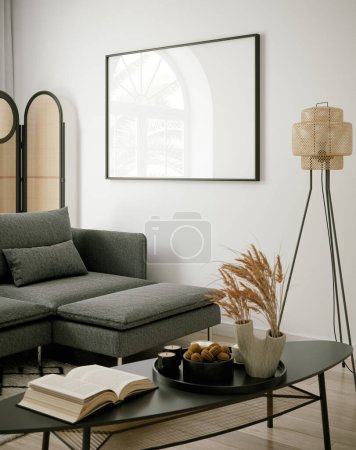 Photo for Stylish living room interior with mock up poster frame, 3d render - Royalty Free Image