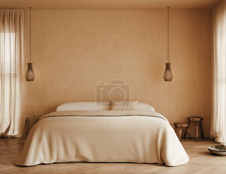 Foto de Acogedor beige Japandi dormitorio interior, 3d render - Imagen libre de derechos