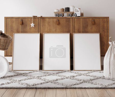 Foto de Simular el marco en la habitación de los niños con muebles de madera natural, 3D render - Imagen libre de derechos
