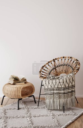 Téléchargez les photos : Home mockup, white room with natural wooden furniture, Scandi-Boho style, 3d render - en image libre de droit