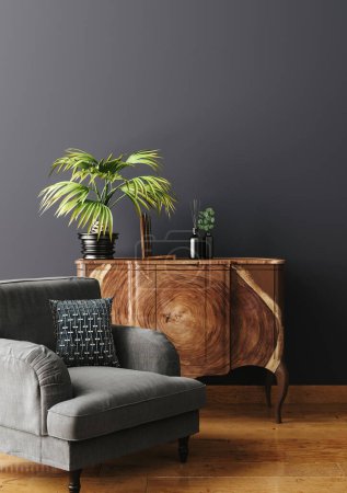 Foto de Cómoda con sillón y decoración en el interior de la sala de estar, la pared azul oscuro se burlan de fondo, 3D render - Imagen libre de derechos