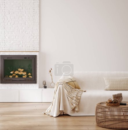 Photo for Wall mockup in modern home interior with fireplace, 3d render - Royalty Free Image