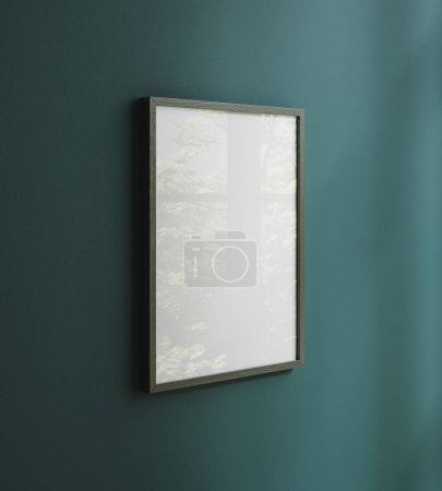 Photo for Mockup poster frame close up on dark green wall, 3d render - Royalty Free Image