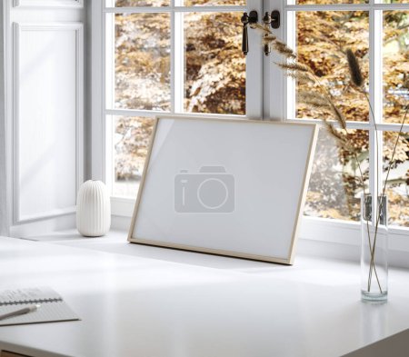 Téléchargez les photos : Modèle de cadre près de la maison, lieu de travail près de la fenêtre avec cadre en bois vide, rendu 3d - en image libre de droit
