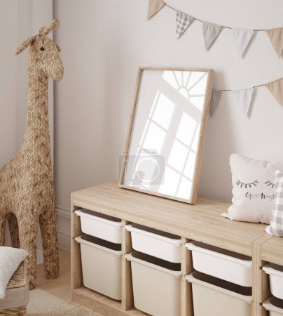 Foto de Simular el marco en la habitación de los niños con muebles de madera natural, 3D render - Imagen libre de derechos