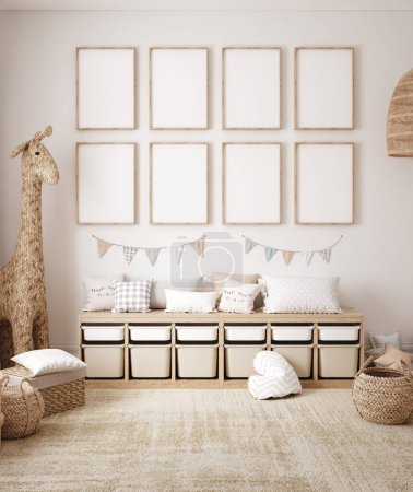 Photo for Mock up frame in children room with natural wooden furniture, 3D render - Royalty Free Image