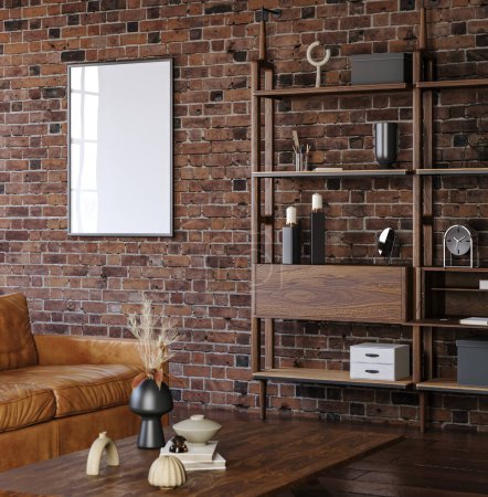 Foto de Marco maqueta en salón loft, estilo industrial, 3d render - Imagen libre de derechos