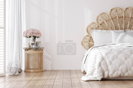 Foto de Interior de dormitorio de lujo blanco, maqueta de pared, 3d render - Imagen libre de derechos