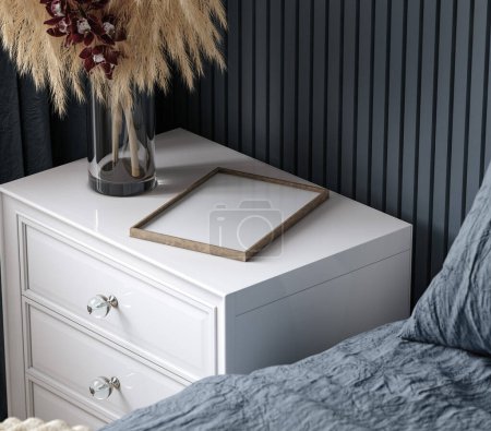 Photo for Frame mockup in cozy dark blue bedroom interior, 3d render - Royalty Free Image