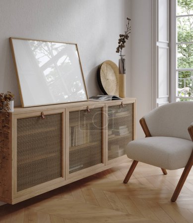 Téléchargez les photos : Intérieur de la maison maquette, confortable chambre moderne avec des meubles en bois naturel, rendu 3d - en image libre de droit