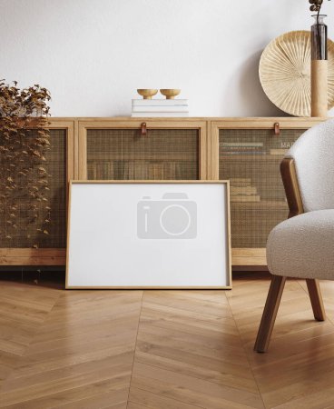 Photo for Home interior mock up, cozy modern room with natural wooden furniture, 3d render - Royalty Free Image