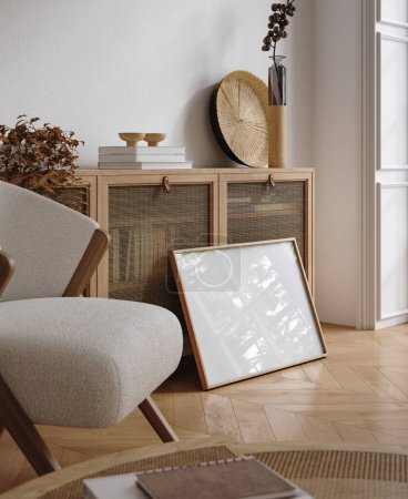Téléchargez les photos : Intérieur de la maison maquette, confortable chambre moderne avec des meubles en bois naturel, rendu 3d - en image libre de droit