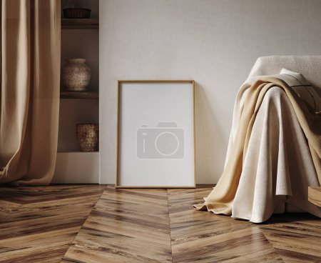 Foto de Marco de burla en fondo interior boho nómada con decoración rústica, 3d render - Imagen libre de derechos