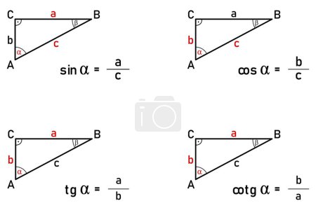 Ilustración de Calculation of sine, cosine, tangent and cotangent functions in a right triangle - Imagen libre de derechos