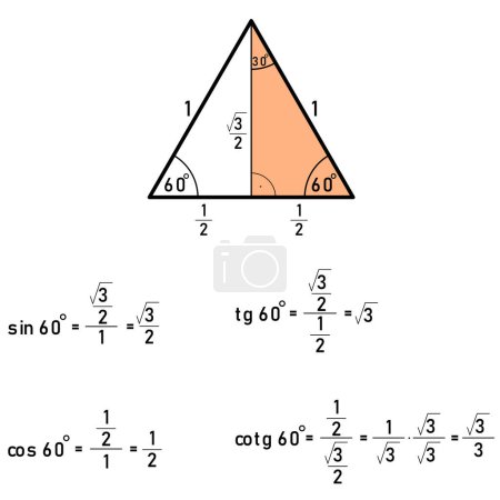 Ilustración de Derivando los valores de las funciones goniométricas para sesenta grados usando un triángulo - Imagen libre de derechos