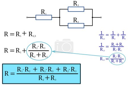 Scheme of series-parallel connection of three resistors, expression of the value of the resulting resistance