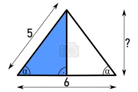 Illustration for A practice example for calculating the side of a right-angled triangle as half of an isosceles triangle using the Pythagorean theorem - Royalty Free Image
