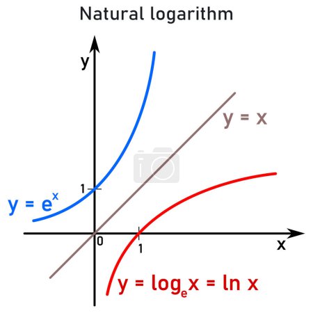 Téléchargez les illustrations : Représentation graphique et comparaison de la fonction logarithmique naturelle (Napier) et de sa fonction exponentielle inverse distinguée par le rouge et le bleu - en licence libre de droit