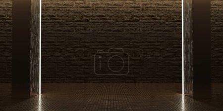 Photo for Shiny metal tile floor with reflections from LED strips for products technology futuristic background Science background 3D illustration - Royalty Free Image