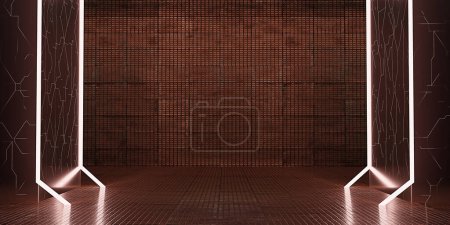 Shiny metal tile floor with reflections from LED strips for products technology futuristic background Science background 3D illustration