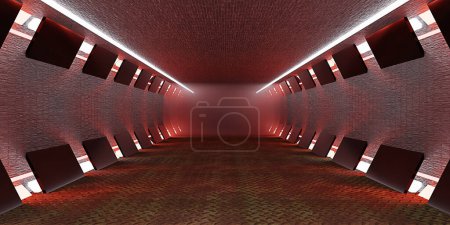 Téléchargez les photos : Sci Fy Neon Glow Dark Corridor spaceship corridor tunnel futuristic technology Empty tunnel room with glowing neon colors background 3D illustration - en image libre de droit