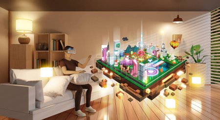 Foto de Metaverse and the sandbox land man avatar playing game through VR glasses in living room vr headset 3D illustration - Imagen libre de derechos