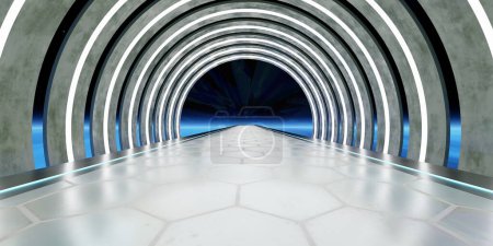Hyperloop-Pipe-Technologie-Plattform Moderne Neonlicht-Show-Raum Laser-Licht-Szene Science-Fiction 3D-Illustration