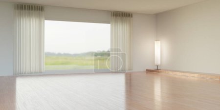 grande pièce ouverte avec de grandes baies vitrées plancher de bois et vue naturelle par la fenêtre Illustration 3D