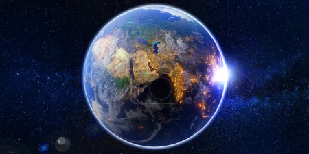 Téléchargez les photos : Globe terre horizon étoile cosmos lueur espace 3d illustration - en image libre de droit