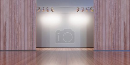 Backstage stage and spotlights Wooden floor and walls Curtains 3d illustration