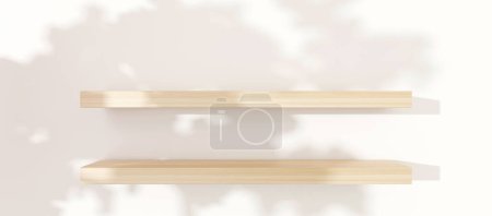 Wooden shelves two floors luxury product shelves tree reflections from sunlight interior design background 3d illustration