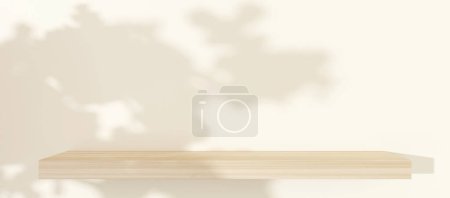 Wooden shelves two floors luxury product shelves tree reflections from sunlight interior design background 3d illustration