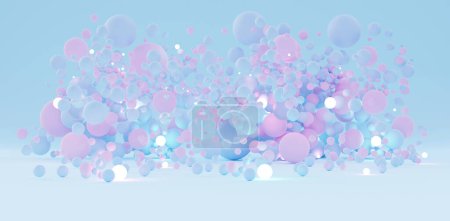 Foto de Creativo suave fondo de la moda volando formas de esfera en pastel paleta texturizada escena de fondo bolas de colores pastel bolas de colores claros rosa y azul 3d ilustración - Imagen libre de derechos