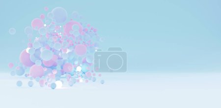 Kreative sanfte Mode Hintergrund fliegende Kugelformen in Pastellpalette texturierten Hintergrund Szene pastellfarbenen Kugeln hellen farbigen Perlen rosa und blau 3D-Illustration
