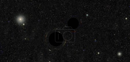 Foto de Dos agujeros negros girando uno alrededor del otro a punto de chocar La fusión de agujeros negros irradiando campo de gravedad El tiempo dobla cuásares espaciotiempo curvas Horizonte de eventos Espacio profundo 3d ilustración - Imagen libre de derechos