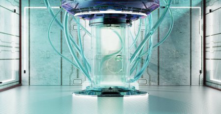 Cápsulas criogénicas hibernación Cápsulas criogénicas Tubo de vidrio con líquido congelado para hibernación sci fi teletransporte Ciencia Tecnología Criópodo Criópodo Equipo de laboratorio Escena de laboratorio Ilustración 3D