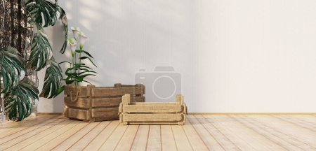 Téléchargez les photos : Paniers en bois vides sur le sol de la salle de tamis barils en bois plancher et fonds muraux dans la maison de garde-manger pour la conception de produits alimentaires Illustration 3D - en image libre de droit