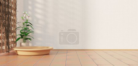 Téléchargez les photos : Plaque de bois vide sur le sol Scène de plancher et de mur de la maison pour la conception de produits alimentaires Illustration 3D - en image libre de droit