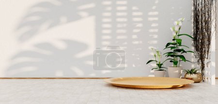 Placa de madera vacía en el suelo Escena de suelo y pared de la casa para el diseño de productos alimenticios Ilustración 3D
