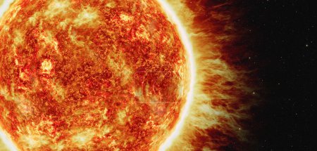 Foto de Rayos cósmicos del sol emisiones de explosión de llamarada solar de fusión nuclear Radiación de la superficie de una estrella Ilustración 3D - Imagen libre de derechos