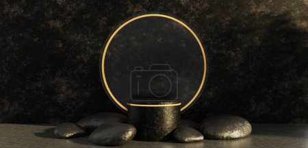 Téléchargez les photos : Podium en pierre noire avec anneau doré Un podium cylindrique noir avec des ombres à feuilles noires pour les présentations de produits Plateforme géométrique scène Illustration 3D - en image libre de droit