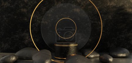 Téléchargez les photos : Podium en pierre noire avec anneau doré Un podium cylindrique noir avec des ombres à feuilles noires pour les présentations de produits Plateforme géométrique scène Illustration 3D - en image libre de droit