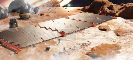 extraterrestrial solar power station Solar cells on the surface of Mars Astronaut on planet surface Space base Space exploration mission and colonization on Mars 3d illustration