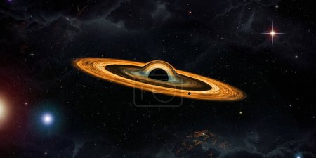 Foto de Un agujero negro emite radiación Hawking de cerca El horizonte de eventos de un agujero negro Campo de gravedad trenzado El tiempo se dobla Quasar Gravedad warp El espacio-tiempo es curvado Fondo cósmico Ilustración 3D - Imagen libre de derechos