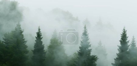 Der Kiefernwald war voller Rauch gruseliges Geheimnis Großer Baum umgeben von Nebel im Winter 3D-Illustration