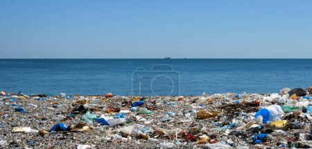 Photo for Seaside Garbage Floating Garbage Water Pollution Global Warming background - Royalty Free Image