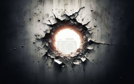 Foto de Se perforó un agujero en la pared de cemento. Explotar un agujero circular en la pared Suelo de cemento perforado - Imagen libre de derechos