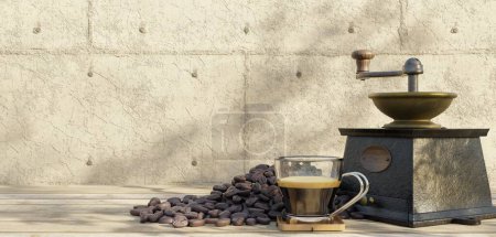 Heißer Espresso Frischer Kaffee auf dem Tisch Geröstete Kaffeebohnen auf hölzernem Hintergrund und Kaffeetasse mit heißen Kaffeebohnen 3D-Illustration